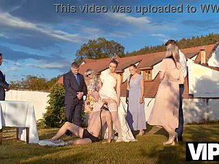 Beautiful bride's kinky outdoor sex scene in dress