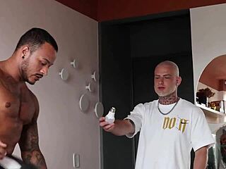 Just lending a hand, this muscular daddy got a wild interracial blowjob from a black stud.