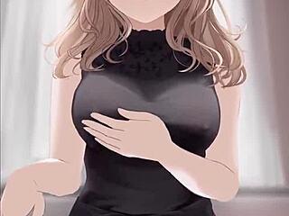 Anime girl in black dress rides cock cowgirl style and gets cum covered