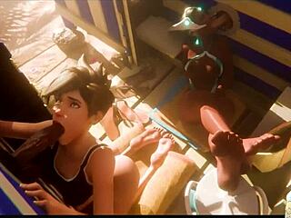 Sombra watches Natasha deepthroat at the gloryhole while Galacta face fucks her tight shaved pussy