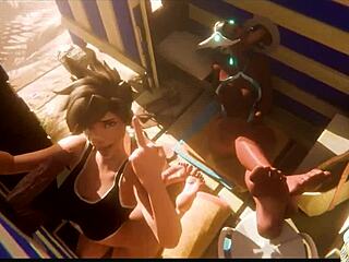 Sombra watches Natasha deepthroat at the gloryhole while Galacta face fucks her tight shaved pussy