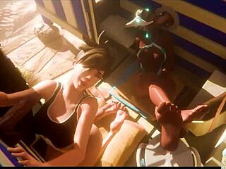 Sombra watches Natasha deepthroat at the gloryhole while Galacta face fucks her tight shaved pussy