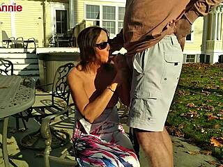 Mature Candi Annie milks cock outdoors with skill. She swallows every drop of cum after intense action.