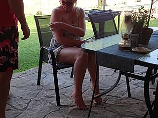 Stepmother and stepson both pleasure themselves while standing and then have sex