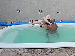 Holy cow, banging two hotties by the pool with a massive creampie inside!