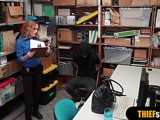 Hot blonde MILF guard bangs a thief with force!