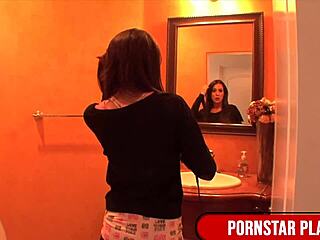 Huge toy slams into slim brunette Amy Brooke's tight pussy during wild group play.