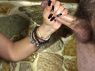 Close-up handjob turns into funny moment with cumshot on eyes, face, and nails