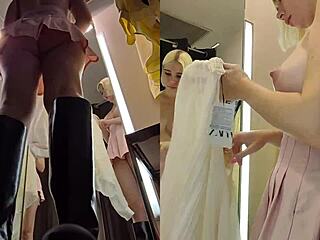 Upskirt View in Public Fitting Room on Blonde's Big Tits and Pussy