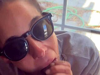 Lightskin ebony step-sister sucks cock by window, gets facial while boyfriend searches