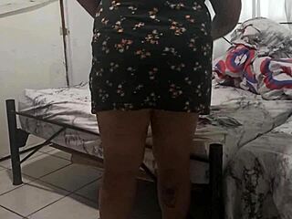 Chubby Latina mama cleans room while showing off curvy body