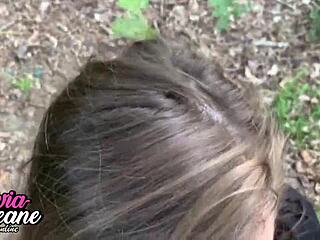 Hot teen 18+ gives outdoor POV blowjob in pantyhose