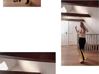 Belly dancer goddess with glasses sways to seductive music rhythmically