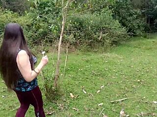 Amateur stepmom exposes big ass and huge vagina in forest with stepson