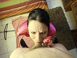 Latina with small tits engages in intense homemade threesome on bed.