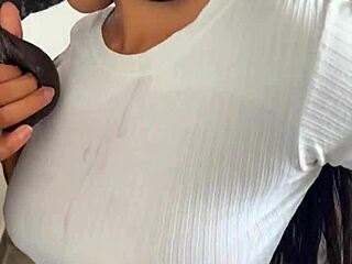 Girlfriend practices blowjob skills with a toy