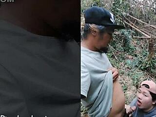 outdoor blowjob with big clit squirting!