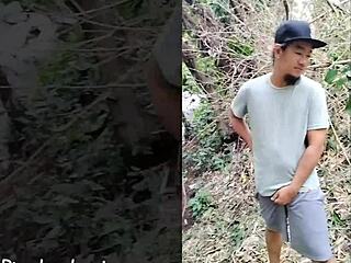 outdoor blowjob with big clit squirting!