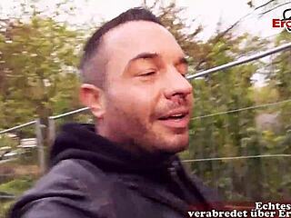 Shy student tourist attempts outdoor sex with a German macho in public nature