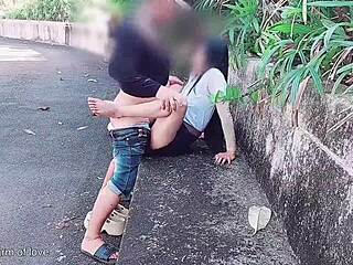 Student Roughly Fucks Girlfriend Outdoors In Park, Cuckold Friend Watches Behind Scenes