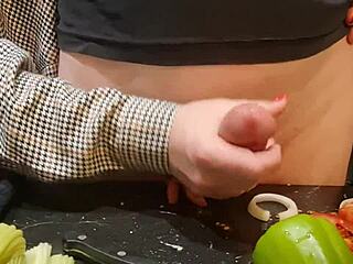 Mature Milf Housewife in BDSM Roleplay Torments Dick in Kitchen