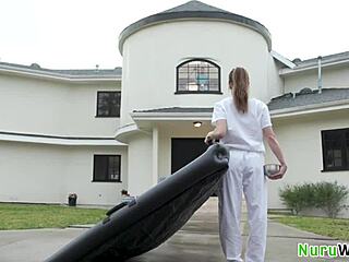 petite blonde katie kush preps victor ray for nuru