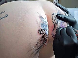 Blonde With Piercing Spreads For Monster Cock Tattoo