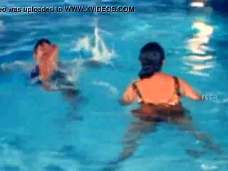 unmarried hot couple enjoys swim pool fun