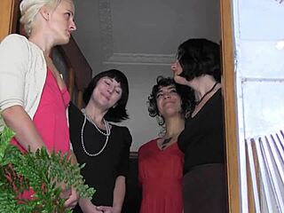 lesbians in lingerie have fun with strapon, bent over and riding