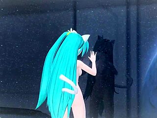 hatsune miku in full nude cat costume, showing her big tits and ass