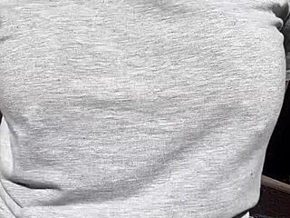 Horny stepmom Artemisia Love bounces big boobs outdoors.