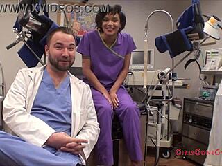 Jackie banes in hospital with gloves and latex skirt