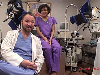 Jackie banes in hospital with gloves and latex skirt