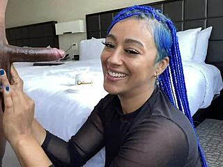 Blue hair throatgoat gives sloppy blowjob