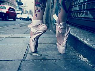 ballerina in heels walking outdoors