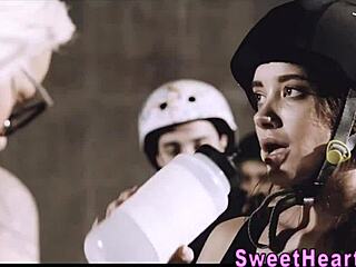 lesbian teen 18+s finger and eat out in locker room threesome