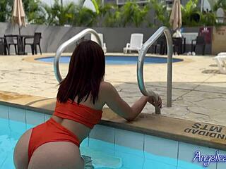 Sexy Latina Flashes Tits In Bikini, Seduces You In Pool, Sucks And Rides Huge Cock At Home