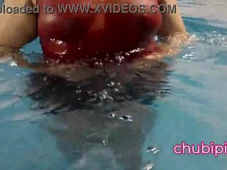 BBW teen flashes boobs in public pool