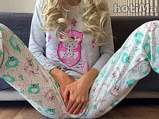 petite schoolgirl in pajamas with small tits enjoys solo playtime and a fun squirting moment