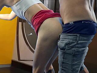 Young student lets a stranger rub against her ass from behind while standing in a crowded public bus outdoors