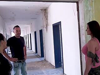 Dreierfick in lost place Kaserne with two milfs craving cum in amateur group blowjob