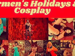 Granny Carmen sucks mature cock then rides in cowgirl for Christmas orgasm