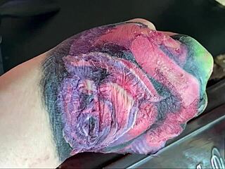 slow motion peel of fresh tattoo second skin in alternative babe style