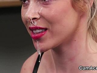 sloppy peach gets cream load on her face swallowing all the jizz in bizarre bukkake