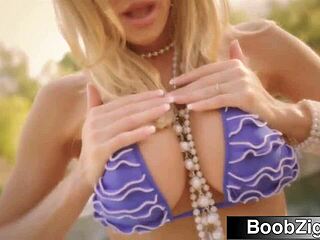 blonde milf in bikini gets pussy dominated by big cock poolside