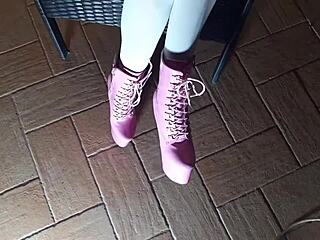 What if a sexy Latina milf sits on a chair wearing pantyhose and high-heeled boots for amateur tease?