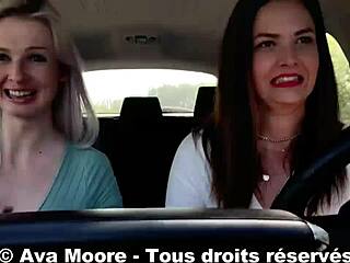 defi inconnu - first time for this lucky guy getting sucked by 2 girls we empty his balls on the roadside