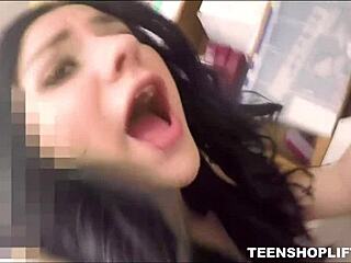 Bold young brunette shoplifter Violet Rain rips clothes for juicy ass blowjob orgasm