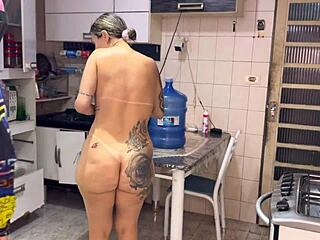 Naughty Wife Greets Water Delivery Guy Naked at Door for Hot Wet Pussy Fuck and Creampie