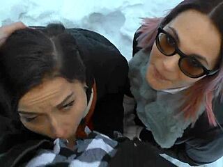 Two Hot Amateur Babes Give Deepthroat Blowjob to Teacher's Cock in Snowy Outdoor Group